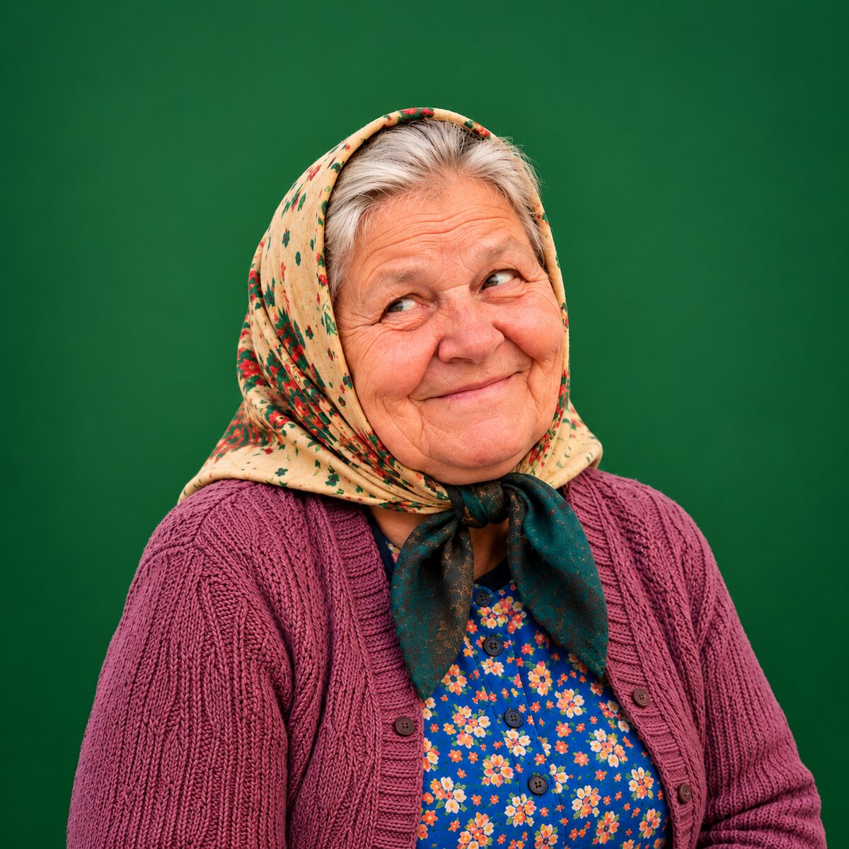 Teta Brigita in her floral headscarf and mauve cardigan, giving a knowing side glance
