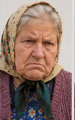 Teta Brigita with a serious, unimpressed expression